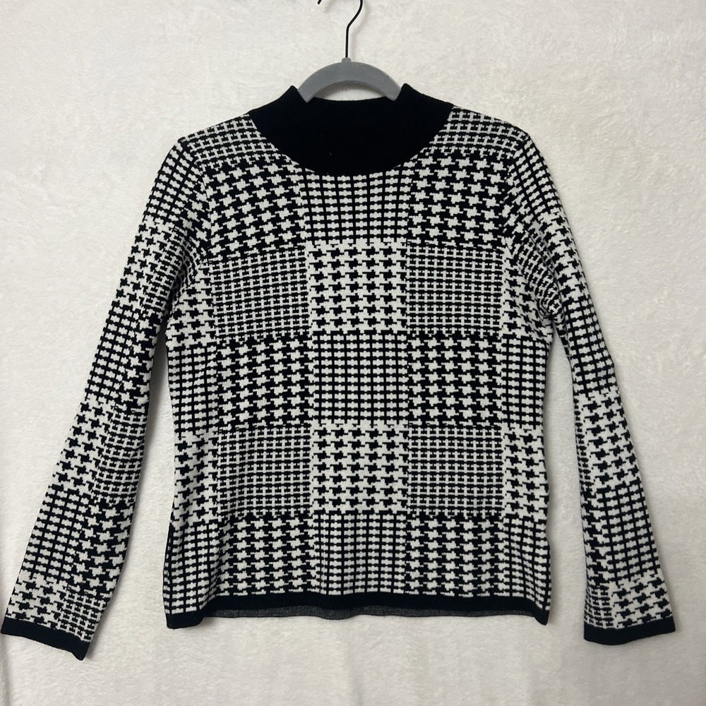 Joseph A. Black White Classic Houndstooth Mock Neck Soft Sweater Size Small